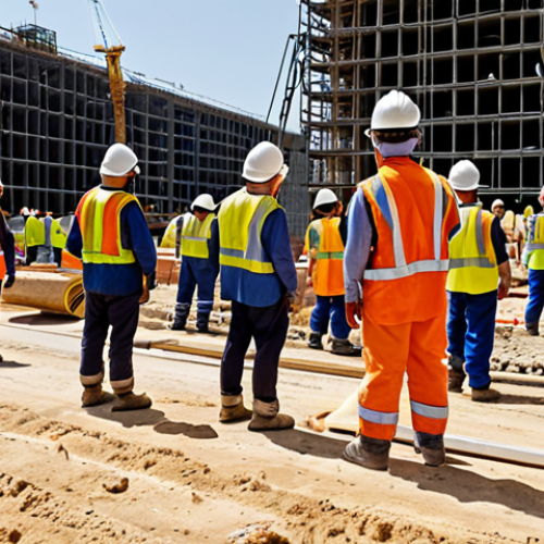 Home 20 A bustling, large-scale construction site during daylight hours. Workers of diverse backgrounds, wearing pristine and properly fitted Personal Protective Equipment (PPE) including hard hats, safety glasses, reflective vests, and sturdy safety boots. They are actively engaged in their tasks, demonstrating focus and diligence. The scene emphasizes the immediate protection and professional appearance conveyed by correct PPE usage.