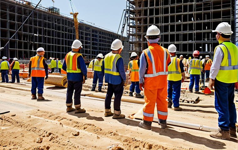 A bustling, large-scale construction site during daylight hours. Workers of diverse backgrounds, wearing pristine and properly fitted Personal Protective Equipment (PPE) including hard hats, safety glasses, reflective vests, and sturdy safety boots. They are actively engaged in their tasks, demonstrating focus and diligence. The scene emphasizes the immediate protection and professional appearance conveyed by correct PPE usage.