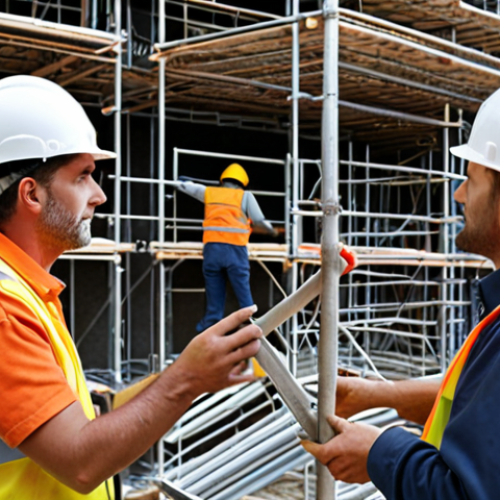 Home 19 ** A construction site scene, focusing on a safety engineer inspecting scaffolding and workers wearing helmets, emphasizing safety compliance.
**