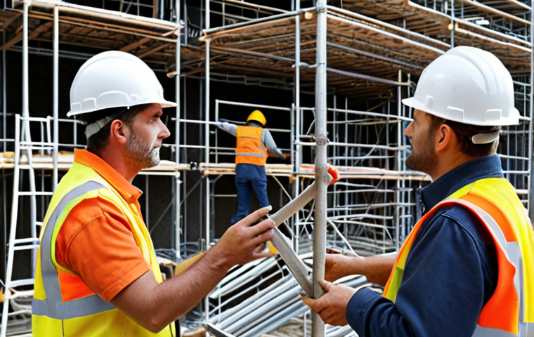 ** A construction site scene, focusing on a safety engineer inspecting scaffolding and workers wearing helmets, emphasizing safety compliance.

**