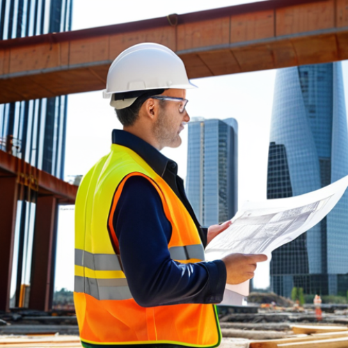 Home 18 **
Structural safety engineer inspecting a construction site with blueprints in hand, wearing a hard hat and safety vest, with a modern skyscraper in the background on a sunny day.
**