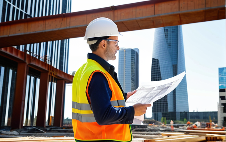 **

Structural safety engineer inspecting a construction site with blueprints in hand, wearing a hard hat and safety vest, with a modern skyscraper in the background on a sunny day.

**