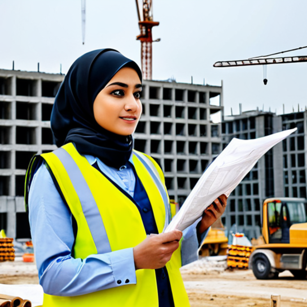 건설안전기사 필기 및 실기 추천 강의 - **

"A female civil engineer, wearing a fully clothed professional hijab and safety vest, inspecting...