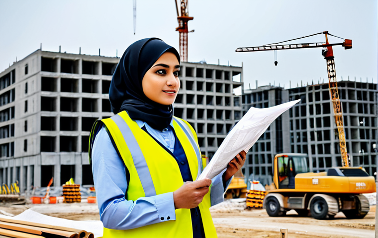 건설안전기사 필기 및 실기 추천 강의 - **
"A female civil engineer, wearing a fully clothed professional hijab and safety vest, inspecting...