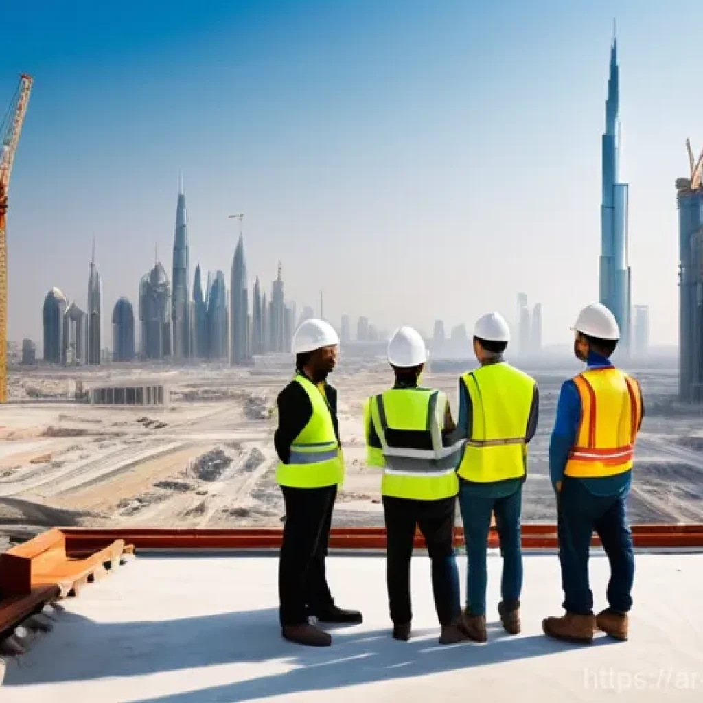 건설안전기사와 관련된 해외 취업 사례 - **Prompt:** A dynamic, wide shot of a modern, bustling mega-project construction site set against th...