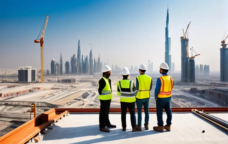 건설안전기사와 관련된 해외 취업 사례 - **Prompt:** A dynamic, wide shot of a modern, bustling mega-project construction site set against th...