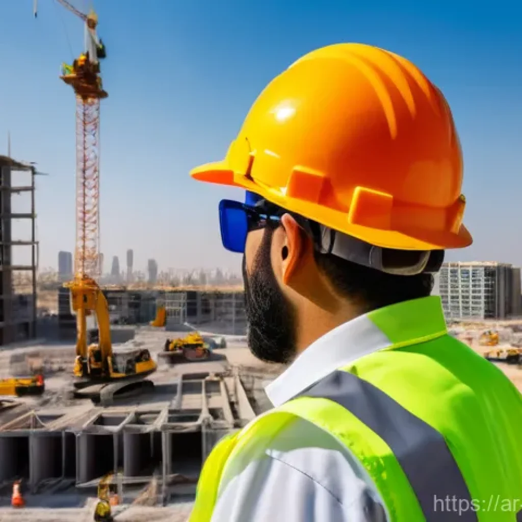 건설안전기사 필수 이론 정리 - **Prompt:** A dynamic, eye-level shot of a modern construction site in a bustling, sun-drenched Midd...