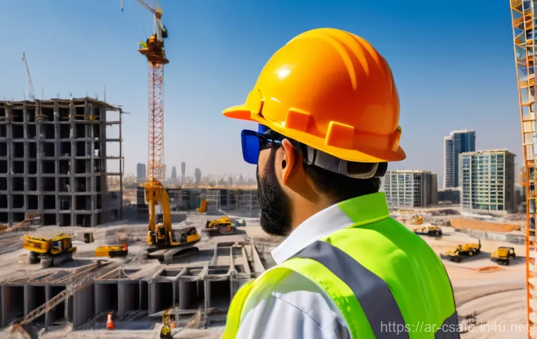 건설안전기사 필수 이론 정리 - **Prompt:** A dynamic, eye-level shot of a modern construction site in a bustling, sun-drenched Midd...