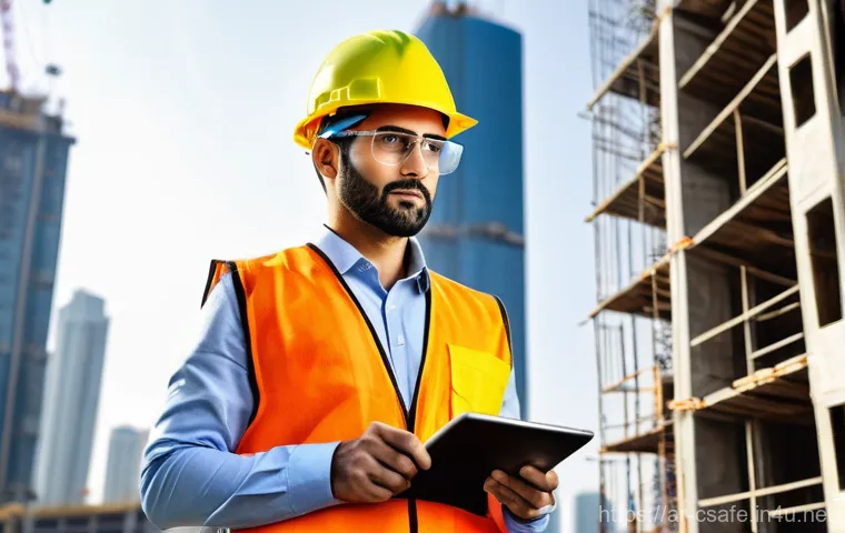 건설안전기사로 경력을 쌓아가는 방법 - **Prompt:** A highly detailed, realistic photograph of a male structural safety engineer, in his lat...