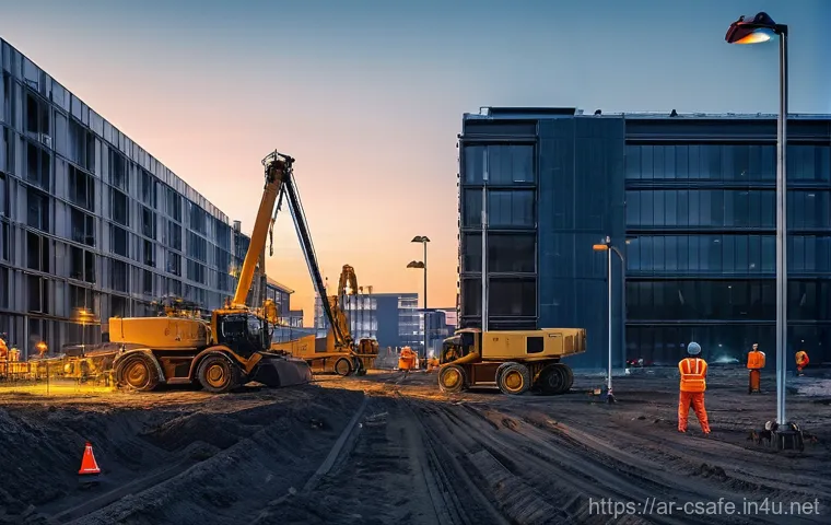 건설안전관리와 관련된 최신 기술 - **Prompt 1: Smart Surveillance on a Modern Construction Site**
"A wide-angle shot of a bustling,...