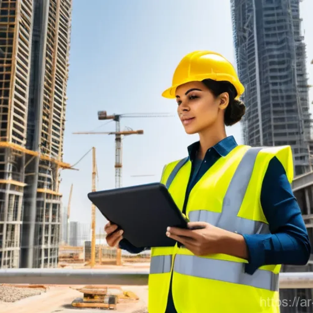건설안전기사와 관련된 공기업 취업 정보 - **Prompt:** A dynamic, wide-angle shot of a confident Arab safety engineer (female, mid-30s, wearing...