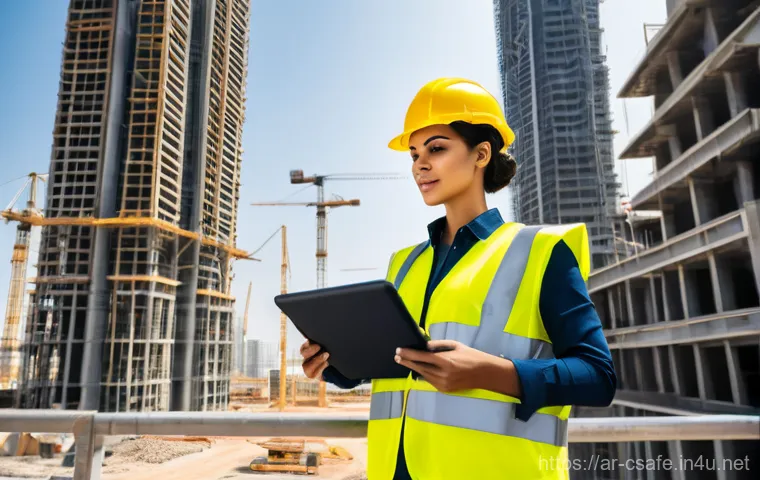 건설안전기사와 관련된 공기업 취업 정보 - **Prompt:** A dynamic, wide-angle shot of a confident Arab safety engineer (female, mid-30s, wearing...