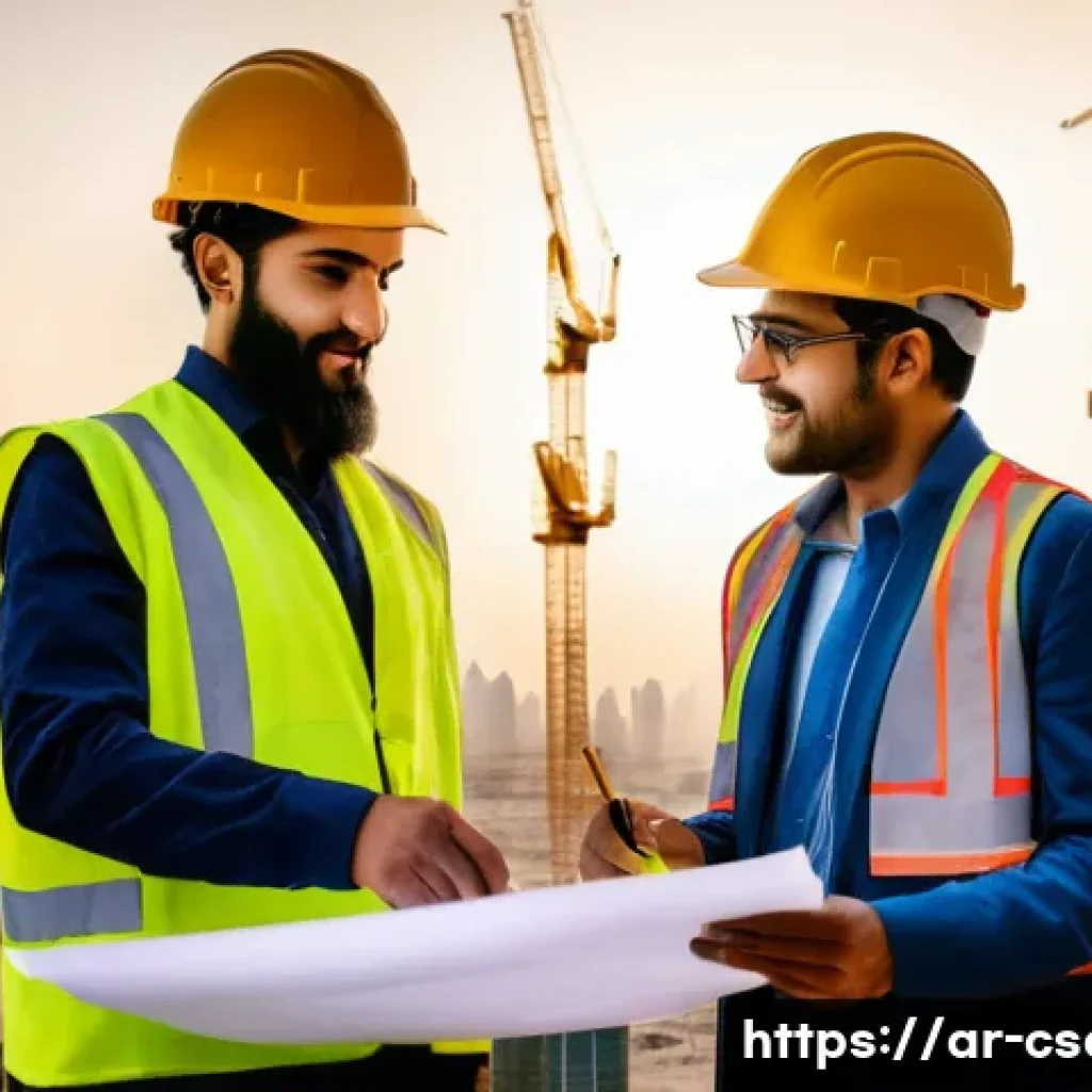 건설안전기사 자격증 최신 동향 - **Prompt:** "A bustling construction site in Dubai at sunset. Workers wearing hard hats and safety v...