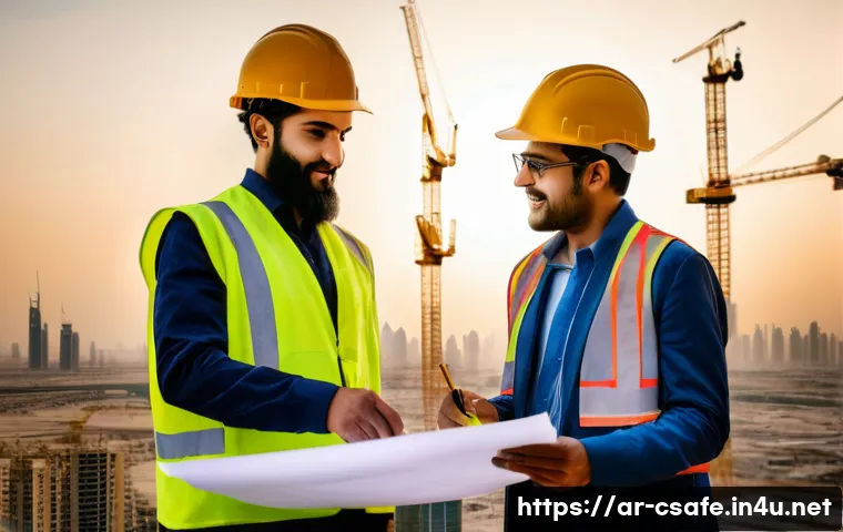 건설안전기사 자격증 최신 동향 - **Prompt:** "A bustling construction site in Dubai at sunset. Workers wearing hard hats and safety v...