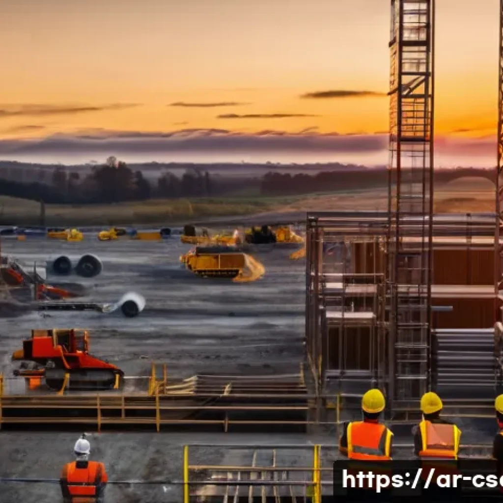 건설안전과 관련된 법규 및 규정 - A vibrant, modern construction site at sunset, featuring a diverse team of workers from various back...