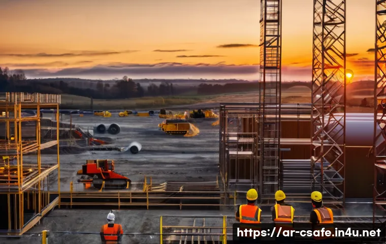 건설안전과 관련된 법규 및 규정 - A vibrant, modern construction site at sunset, featuring a diverse team of workers from various back...