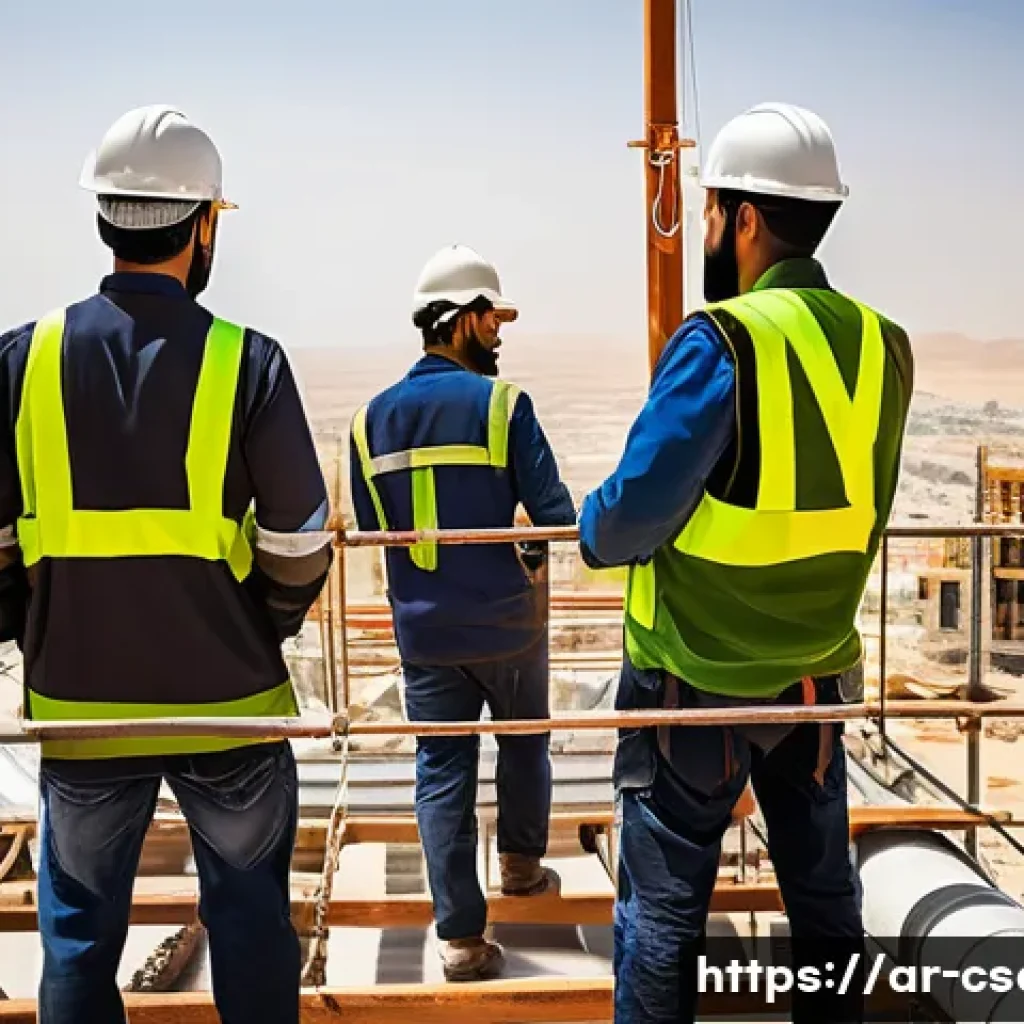 건설안전기사 필기에서 이해가 어려운 개념 - A detailed construction site scene in the Middle East featuring diverse Arabic workers wearing appro...