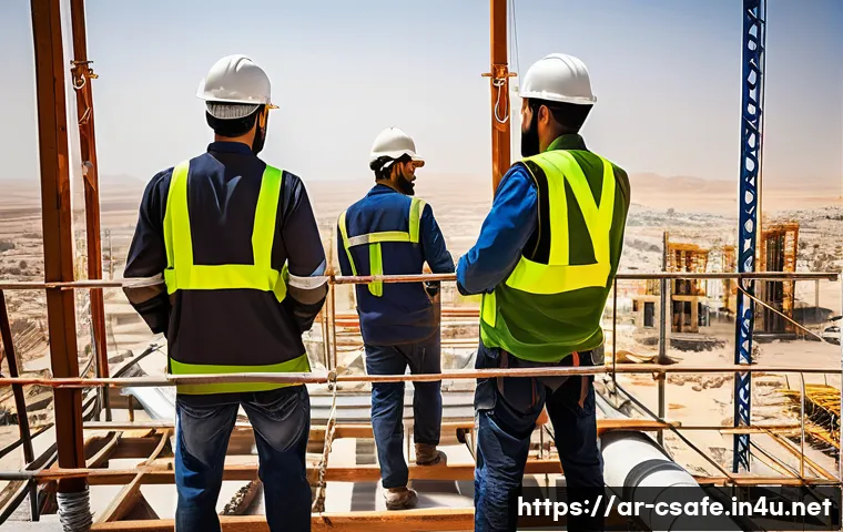 건설안전기사 필기에서 이해가 어려운 개념 - A detailed construction site scene in the Middle East featuring diverse Arabic workers wearing appro...