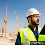 Home 22 건설안전기사 자격증의 가치와 시장 수요 - A professional Middle Eastern safety engineer wearing a white hard hat and high-visibility safety ve...