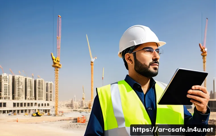 건설안전기사 자격증의 가치와 시장 수요 - A professional Middle Eastern safety engineer wearing a white hard hat and high-visibility safety ve...