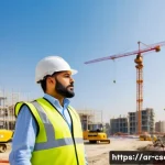 Home 21 건설안전 자격증을 통한 커리어 전환 사례 - A professional Middle Eastern construction safety officer wearing a clean, modern high-visibility ve...