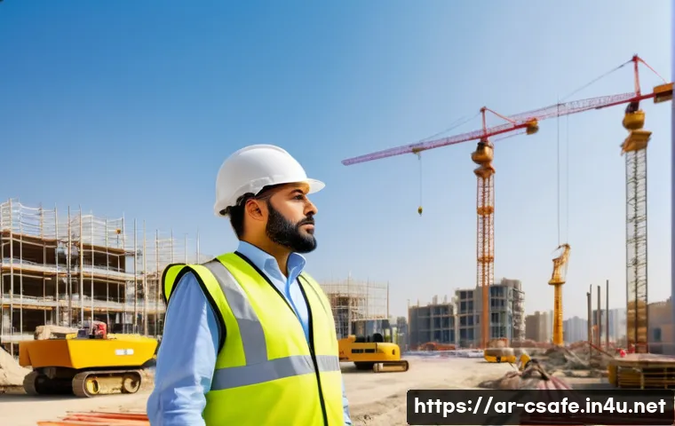 건설안전 자격증을 통한 커리어 전환 사례 - A professional Middle Eastern construction safety officer wearing a clean, modern high-visibility ve...