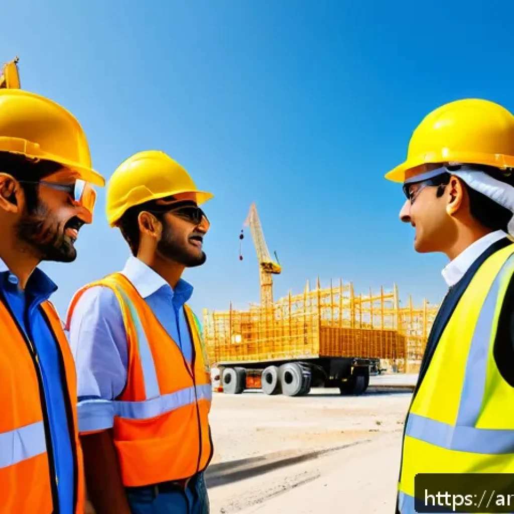 건설안전 관리 직무별 요구 스킬 - A dynamic construction site scene in the Middle East with a diverse team of workers wearing modern s...