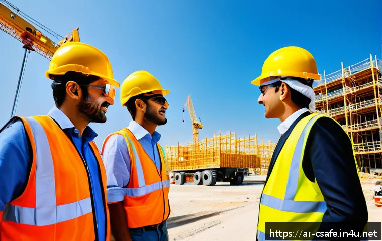 건설안전 관리 직무별 요구 스킬 - A dynamic construction site scene in the Middle East with a diverse team of workers wearing modern s...