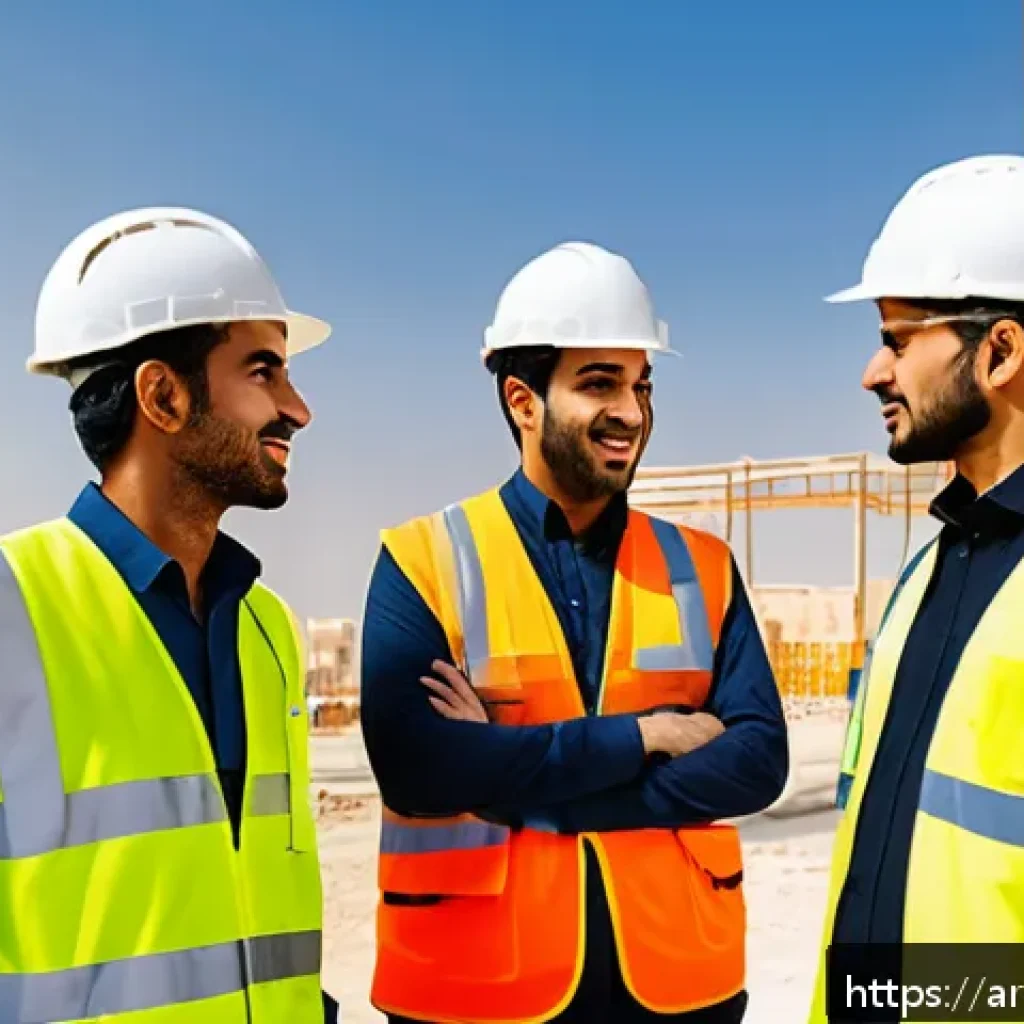 건설안전기사로 성공한 전문가 인터뷰 - A professional safety engineer communicating clearly and confidently with a diverse construction tea...