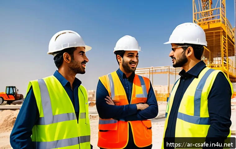 건설안전기사로 성공한 전문가 인터뷰 - A professional safety engineer communicating clearly and confidently with a diverse construction tea...