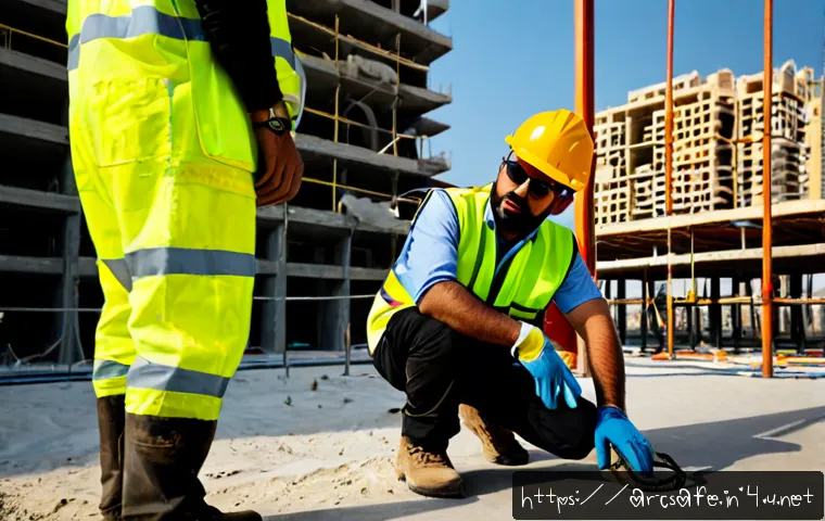 건설안전기사 자격증으로 다양한 직무 경험 - Photorealistic wide-angle scene of an Arab construction safety professional in a reflective vest, ha...