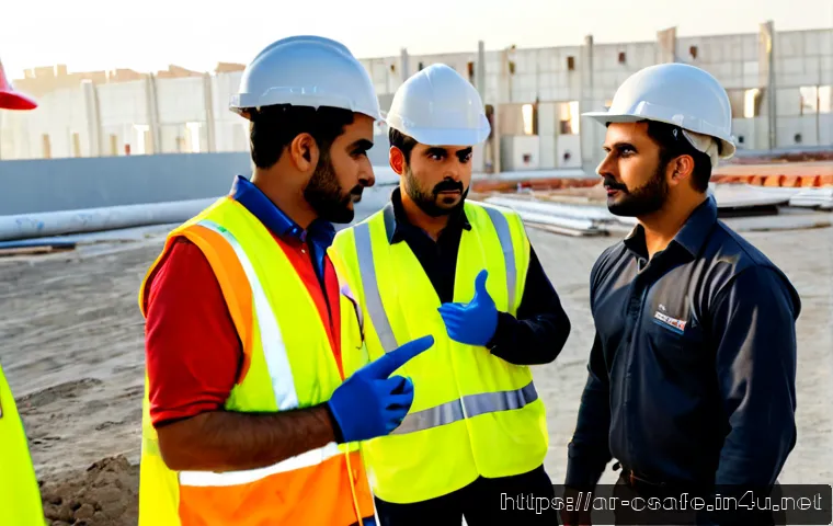 건설안전관리자의 성공적인 리더십 사례 - Photorealistic successful construction safety leadership scene at a modern Gulf-region building site...