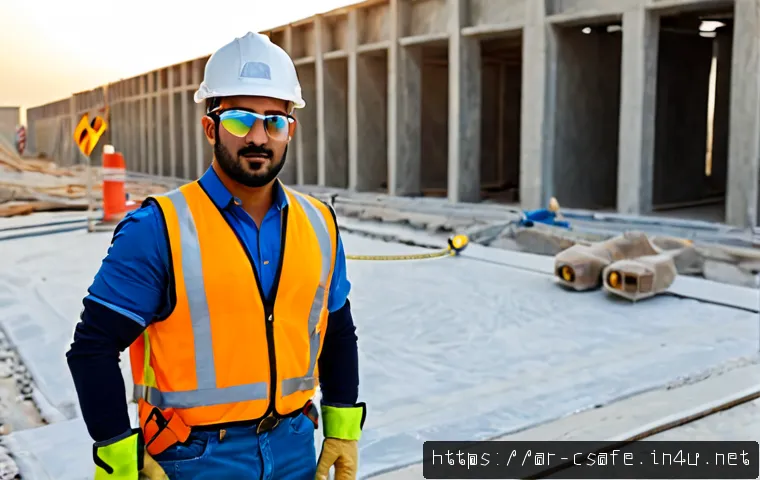 건설안전에서 사용하는 개인 보호장비 - Photorealistic construction safety scene in a modern Middle Eastern urban worksite, confident Arab c...