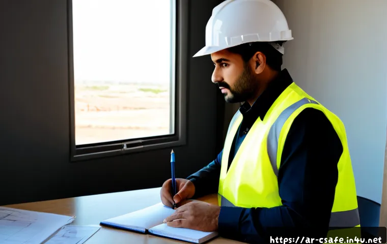 건설안전 실무 경험을 바탕으로 책 집필하기 - Photorealistic Middle Eastern construction safety professional in a clean site office, wearing a har...