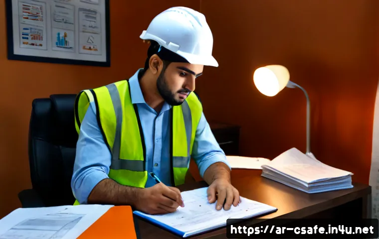 건설안전기사 시험 준비를 위한 스터디 가이드 - Photorealistic Arab construction safety engineering student studying for a professional exam at a ne...